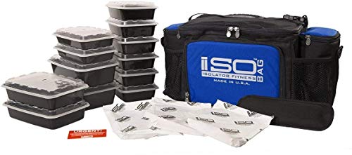 Isolator Fitness 6 Meal Isobag Meal Prep Management Insulated Lunch Bag Cooler With Stackable Meal Prep Containers, Isobricks, And Strap - Made In Usa (Black/Blue Accent) #TOP1