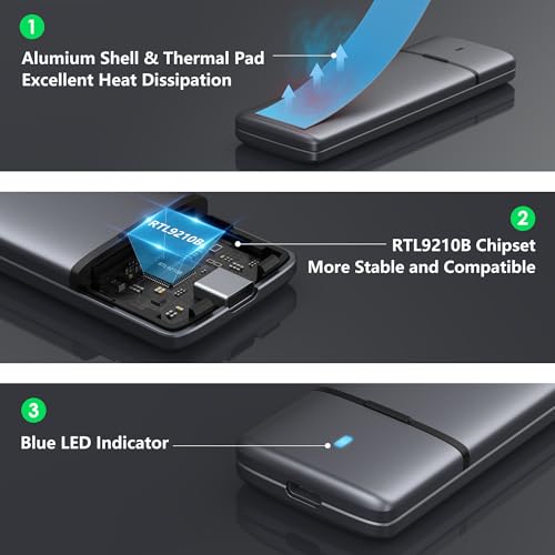 Image of MOKiN M.2 NVME SATA SSD Enclosure Adapter Tool-Free, RTL9210B Chips, USB C 3.1 Gen 2 10Gbps NVME, 6Gbps SATA PCIe M-Key(B+M Key), Support UASP Trim for SSD Size 2230 /2242 /2260 /2280