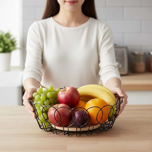 Image of Go Hooked Decorative Metal Wire Fruit Basket with Wooden Base for Home & Dining Table 10Inch | Open Wire Countertop Fruit Bowl for Vegetables, Snacks & Bread | Modern Home Decor Storage Basket (VM15D)