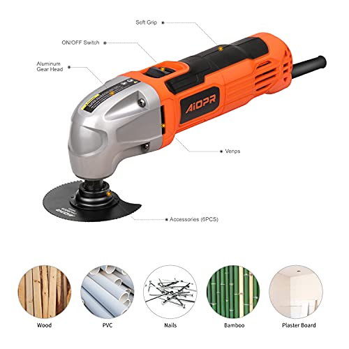 Aiopr 1.5Amp Oscillating Multi Tool Kits W/ 3Pcs Saw Blades, 1Pc Semi Circle Blade Sanding Plate And 6Pcs Sanding (86221) #TOP2