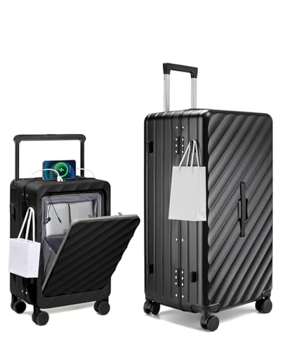 Somago Luggage Sets 2pcs, 22x14x9 Front Compartment Aluminum Framed PC Hardside and 30 Inch Trunk Luggage with Spinner Wheels, Black