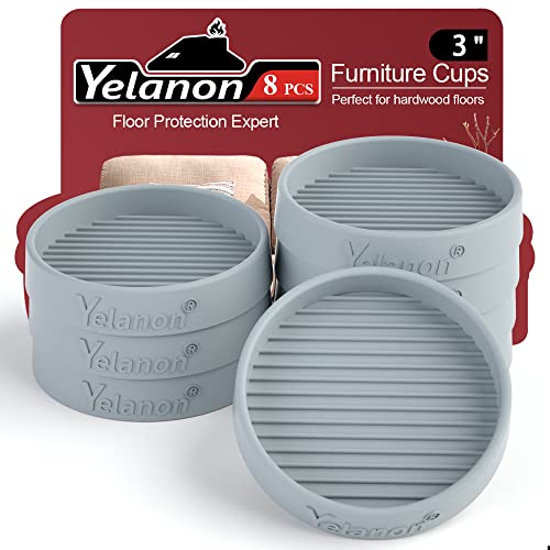 Yelanon Furniture Coasters - 8 Pcs 3'Round Rubber Furniture Caster Cups - Non Slip Pads Hardwood Floors Non Skid Grippers - Anti Slide Floor Protector for Bed Couch Stoppers Gray