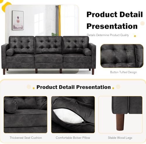 84" Suede Leather 3 Seater Sofa with Two Bolster Pillows, Tufted Sofa with Wooden Legs, Mordern Couch for Living Room, Office, Apartment, Black - Thumbnail 3