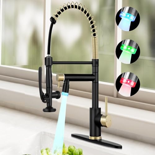 VIDEC Smart Kitchen Faucet, 3 Modes Pull Down Sprayer, LED Temperature Control, Ceramic Valve,360-Degree Rotation,1 or 3 Hole Deck Plate, Double Spout. 10-Year Warranty. (Black/Gold,KW-05GR)