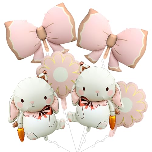 6Pcs 32 Inch Matte Rabbit Foil Balloons Set, Pink Bow & Daisy Flower Mylar Balloons for Birthday, Baby Shower, Easter, Gender Reveal Party Decorations