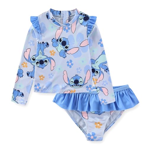 Image of Disney Minnie Mouse Stitch Girls UPF 50+ Long Sleeve Rash Guard and Bikini 2-Piece Swimsuit Set for Toddler to Big Kids