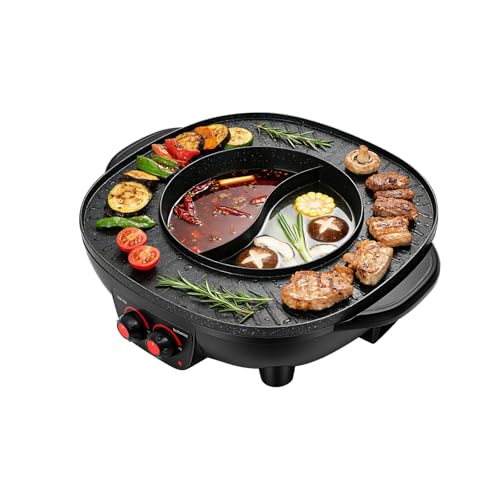 Appareil à fondue chinoise avec grill 2 en 1, Appareil À Fondue Électrique avec Grill 4000W, Hot Pot Chinois 2 en 1 Barbecue Coréen de Table, Marmite Multifonction 5-6 Personnes 26cm