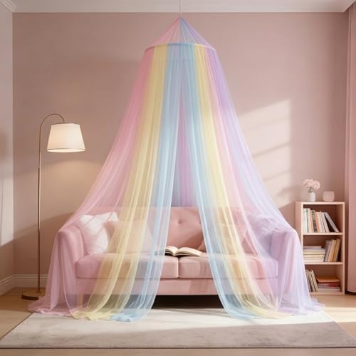 Mosquitera para cama matrimonial dosel arcoíris de techo y cortinas de princesa infantiles 7