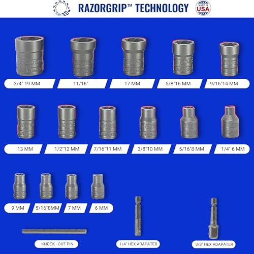 Bolt Extractor Set for Stripped Bolts & Nuts | Made in USA | Impact Grade 1/4 & 3/8 Drive Nut Remover Kit