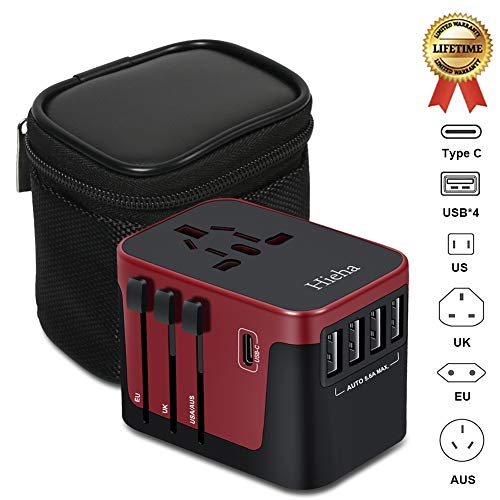 International Power Adapter, Hieha Universal Travel Adapter, All in One USB Plug Adapter with 4 USB + 1 Type C Ports, AC Plug for USA UK AUS European Cell Phone, Laptop