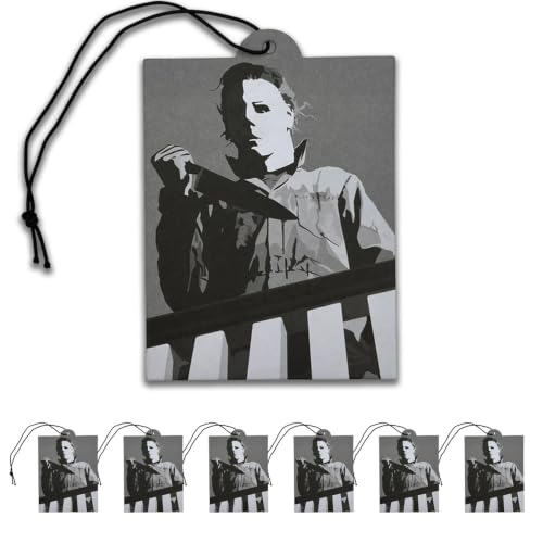 Image of Elektroplate Michael Myers Balcony Halloween Car Air Freshener 6-Pack | Officially Licensed, Long-Lasting Midnight Chiller Scent, Vivid Horror Movie Graphics, Versatile Hanging Design