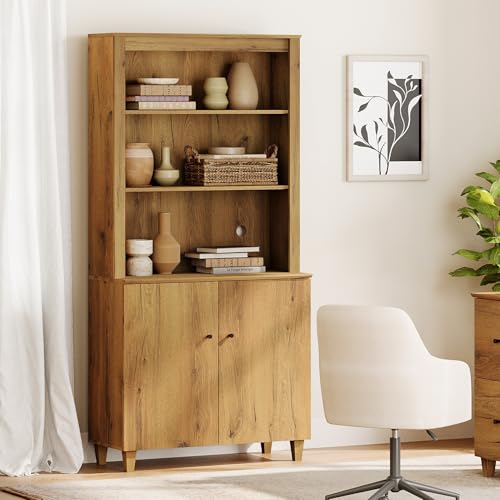 Image of WAMPAT 71 inch Tall Bookcase with Doors & Storage Cabinet, Modern 5-Tier Bookshelf with Adjustable Shelf, Floor Standing Wooden Display Book Shelf for Home Office, Living Room, Bedroom, Oak Brown