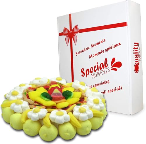 Tarta de Chuches Yellow Flower, Diámetro de 27 cm, Sin Gluten. Golosinas Variadas. Ideal para Regalo.