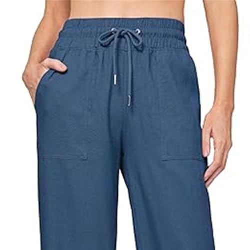 Women's Wide-Leg Casual Linen Pant Beach Drawstring Lounge Pants Relaxed Fit Palazzo Sweaterpants with Pockets4