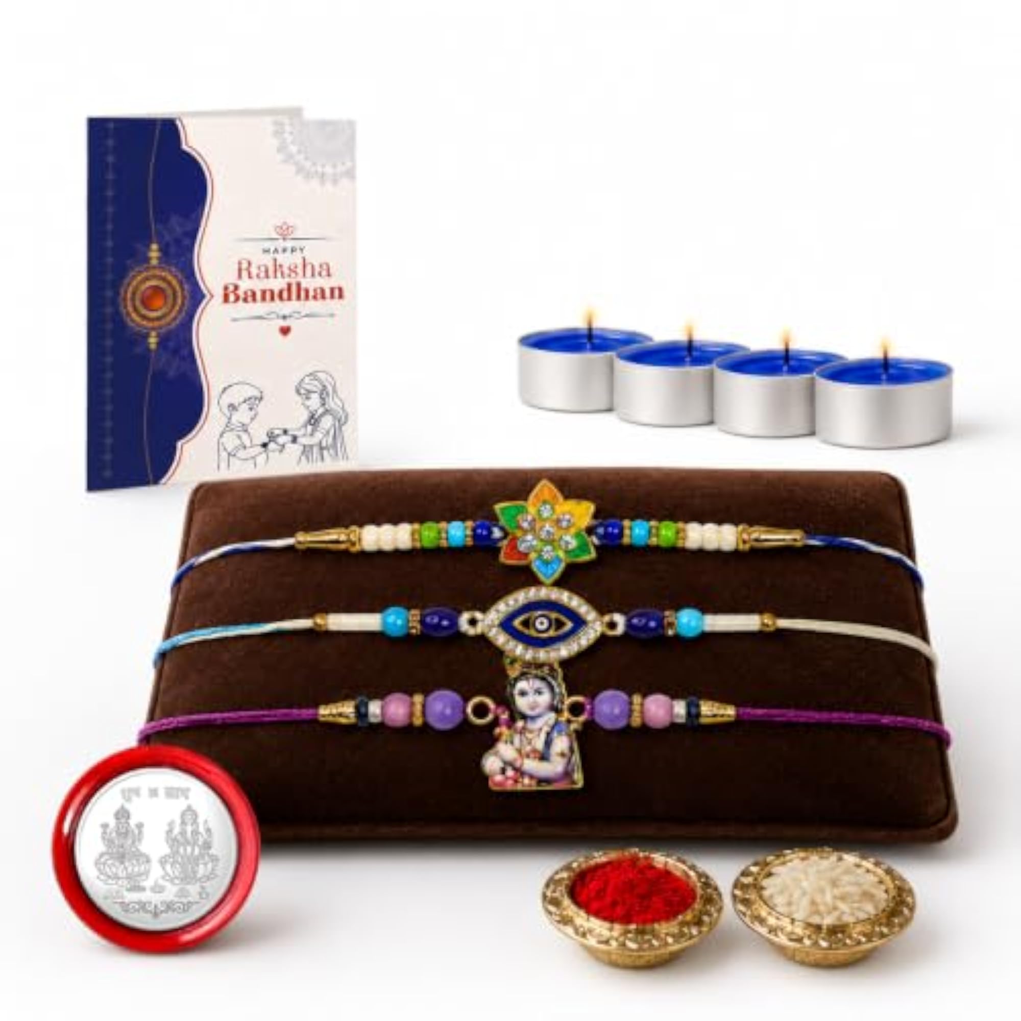 Flower, Evil Eye and Krishna Multicolour Rakhi Set with Decorative Candles