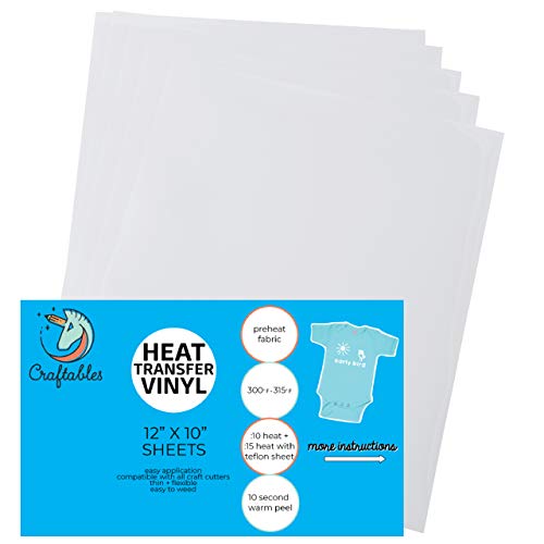 Craftables White Heat Transfer Vinyl HTV - 5 Sheets Easy to Weed Tshirt Iron on Vinyl for Silhouette Cameo, Cricut, All Craft Cutters. Ships Flat