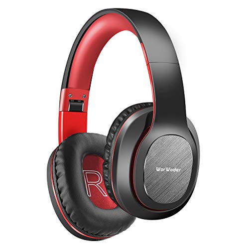 Bluetooth Headphones Over Ear, WorWoder [50 Hrs Playtime] Wireless Headphones, Foldable Hi-Fi Stereo, Soft Memory Protein Earmuffs, Built-in Microphone ? Wired Mode for Cellphone PC (Black-Red)