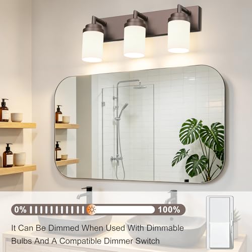 Image of Bathroom Light Fixtures, Oil Rubbed Bronze Bathroom Lighting Fixtures Over Mirror, Modern Vanity Light with White Glass Shade, Restroom Lighting Fixtures, 3-Light 22-inch