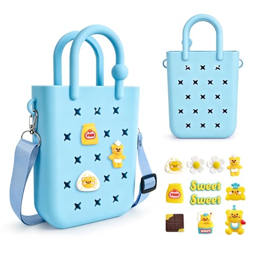 Image of Juyeesm Mini Rubber Beach Bag with Strap & Charms, Waterproof EVA Beach Bag for Girls, Small Rubber Tote Bag for Women