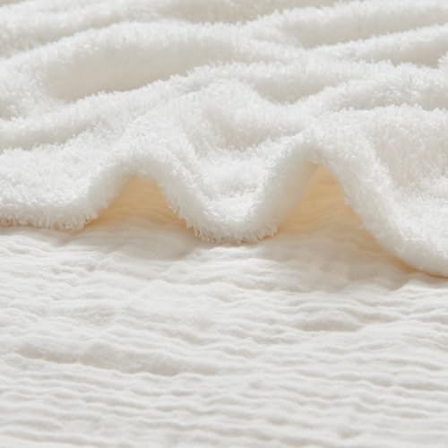 EMME Muslin and Fleece Twin Blanket Reversible - 60"*80" Cream Soft Warm Throw Blankets for Couch Bed Picnic Travel Bed