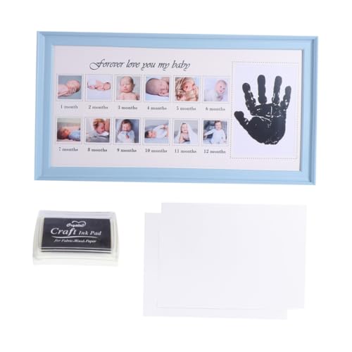 HAMPPLIES Marco de Fotos para Ñiño Azul Registro de Crecimiento, 12 Meses de Huellas de Mano y Pie, Marco Creativo para Recién Nacidos, Recuerdo Infantil para Habitación, Obsequio Original