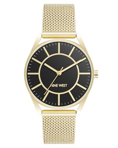 Image of Nine West Women's Analog Watch, Gold-Tone Mesh Bracelet, Limited Movement, Mineral Crystal Lens, Black Glossy Dial, Water Resistant