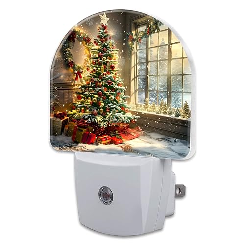 Image of Christma Room Full of Gifts Night Light, Christmas Tree with Red and Gold Ornaments Dusk to Dawn Plug in, 0.5w Energy Saving Sleep Friendly NightLight for Kids Boys Girls Home Decor