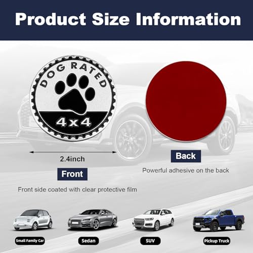 Image of Dog Badge Rated Car Emblem, 4 x 4 Metal Automotive Badge Decal Stickers, 3D Round Badges Emblem Decals, Exterior Car Accessories Compatible with Wrangler Vehicle Truck SUV