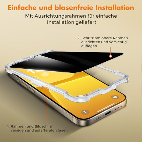 UNBREAKcable Panzer Sichtschutz Glas für iPhone 15 Pro [2 Stück], Blickschutzfolie für iPhone 15 Pro 6,1 Zoll, Anti-Spähen Privatsphäre Schutzglas, Kratzfest, Anti-Fingerprint und blasenfrei 3