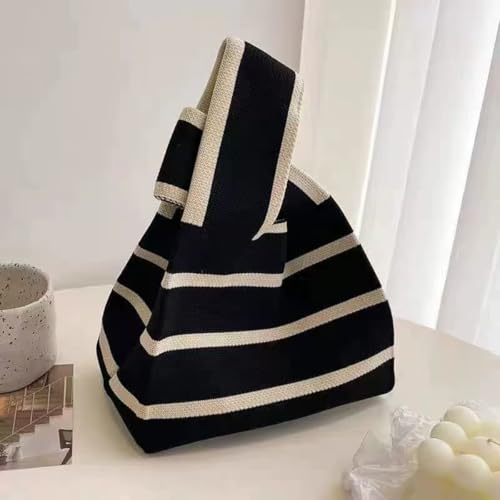 Bolso tejido con nudo negro y blanco mini tote de lona miniatura 3