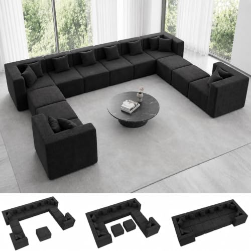 Image of MONVANE 185 inch U-Shaped 12 Seat Modular Sectional Cloud Couch, Jet Black | Sectional Couches for Living Room, High Supportive Backrests, Movable Ottomans, Deep Seat, No Assembly Required