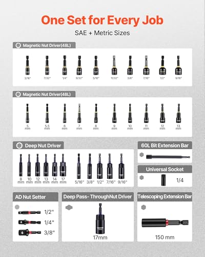 Image of VEVOR 80-Piece Premium Magnetic Impact Nut Driver Set, Metric & SAE Sizes | with Socket Adapters, Bit Holder, Wing Nut Driver, Universal Sockets, Quick Release Extension, Power Bits, Storage Box