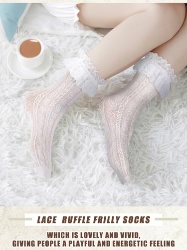 6 Pairs Womens Lace Ankle Socks Ruffle Frilly Sock Mesh Lace Trim Sock for Women Princess Accessories3