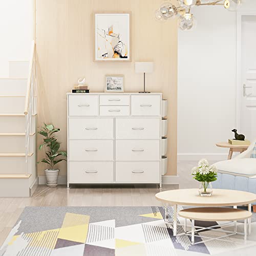 Lulive 10 Drawer Dresser, Chest of Drawers for Bedroom with Side Pockets and Hooks, PU Storage Dresser, Sturdy Steel Frame, Wood Top, Organizer Unit for Nursery, Hallway, Closet (White)