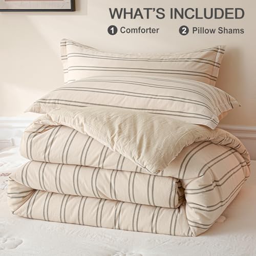 Image of Cyusri Cotton Stripe Full Comforter Set - Soft Lightweight Bedding 3 Pieces Dyed Bed Set with 2 Pillow Shams,Reversible All Season Farmhouse Down Alternative(Full Size 80 inchx90 inch Beige)