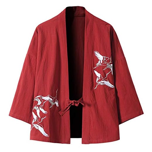 PRIJOUHE Men's Japanese Kimono Jacket Cardigan Yukata Noragi Casual Fashion Seven Sleeves Lightweight Open Front Coat
