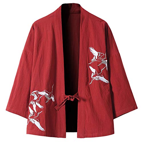 PRIJOUHE Men's Japanese Kimono Jacket Cardigan Yukata Noragi Casual Fashion Seven Sleeves Lightweight Open Front Coat