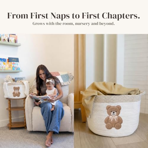 Image of Teddy Bear Baby Storage Basket, Woven Cotton Rope Nursery Bin, 15x11 in | Stuffed Animal and Blanket Storage, Embroidered Bear Patch, Gender Neutral Nursery Decor, Shower Gift, Playroom Organizer