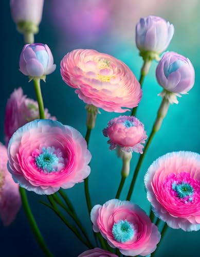 Peinture sur toile fleurs de renoncule 58x90 cm sans cadre rose et aqua