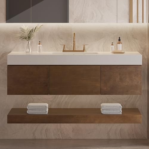 YITAHOME 48 Inch Floating Vanity with 3 Drawers, Wall Mounted Bathroom Vanity with White Quartz Countertop & Oak Veneer, Big Space Storage for Modern Bathroom, Walnut