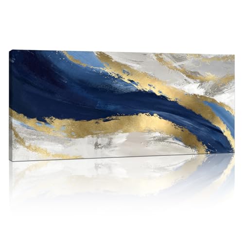 Madera Grande Cuadros Decoracion, Abstracto Azul Oro Mármol Salon Modernos Cuadros Abstractos Pintura Lienzos Cuadros Decorativos Salón Dormitorio Comedor Oficina Listo para colgar 120x50 cm