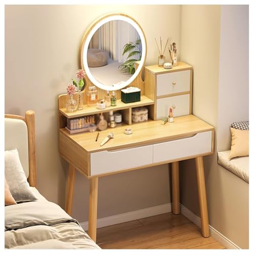 Mesa de tocador de madera con espejo, luces LED y cajones, moderno y pequeño tocador para dormitorio de niñas, 3 modos de color, perfecto para maquillaje y aseo