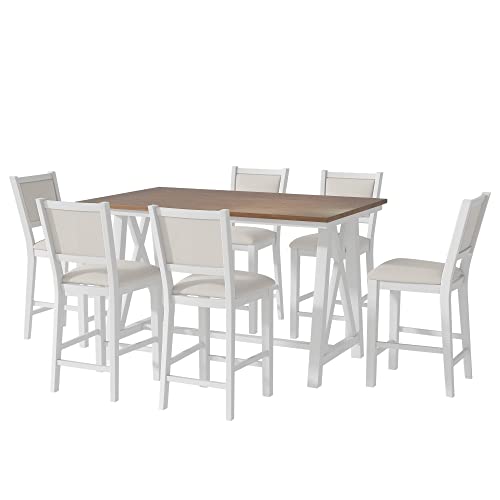 Dining Table Set For 6, Farmhouse 7-Piece Counter Height Wooden Dining Table Set With 6 Upholstered Chairs - Rustic Kitchen Furniture For Dining And Entertaining, White #TOP1