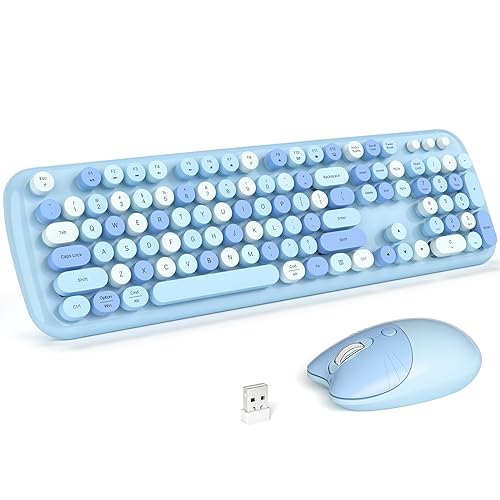 Image of KNOWSQT Wireless Keyboard and Mouse Combo Pale Blue - Colorful 104 Key 2.4G Round Keycap Typewriter Keyboards, USB Dongle Plug and Play, for Laptop, Windows, PC, Mac, Desktop