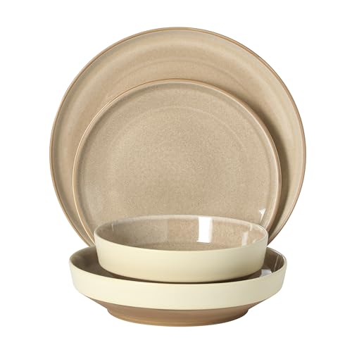 Image of Gibson Elite Octavia Place 16 Piece Stoneware Dinnerware Set, Service for 4, Coupe Modern Plates & Bowls, Reactive Glaze Finish, Taupe, Microwave & Dishwasher Safe