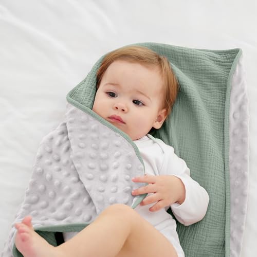 Image of Susurration Baby Blanket for Unisex Boys Girls, 2 Pack Soft Fluffy Crib Blankets with Muslin Cotton Front and Dotted Fleece Back, Receiving Blanket for Baby Newborn Infant, 30x40inch, Green&Cream