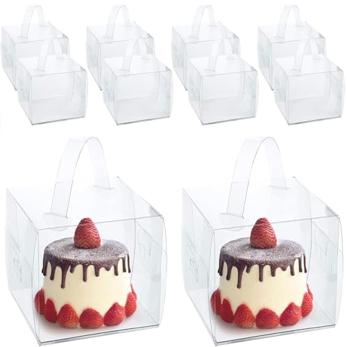 Lakymisy ケーキボックス ハンドル付き 10個セット 透明ケーキ箱 ケーキパッケージ 防埃 防水 デザートボックス 組み立て簡単 クリスマス ハロウィン 新年 誕生日 結婚式 パーティー 包装用品 業務用 ケーキトレイ付き
