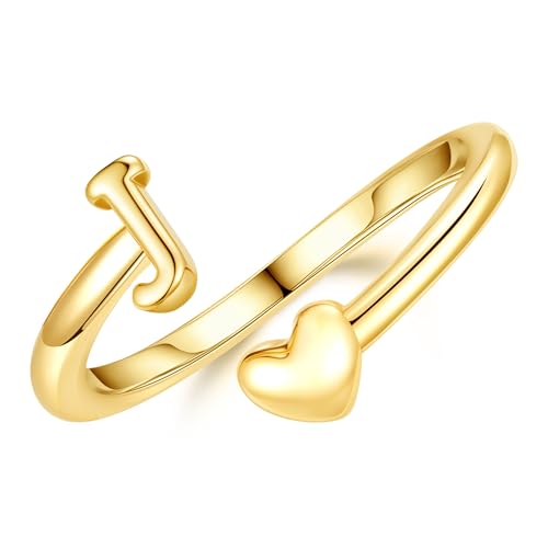 TINGN Bague en or pour femme/fille - Bague en or 14 carats plaqué or imperméable avec cœur, lettres, bague à empiler, bague ajustable, bague promesse,...