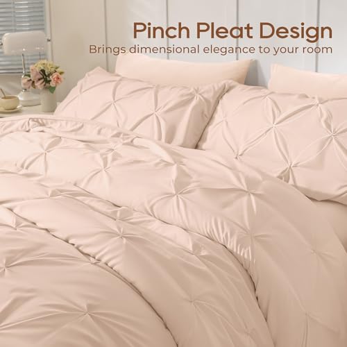 Image of Sasttie California King Comforter Set, 7-Piece Bed in a Bag, Pintuck Bedding Sets for All Season, Includes Comforter, Flat Sheet, Fitted Sheet, Pillowcases and Pillowshams, Blush Pink