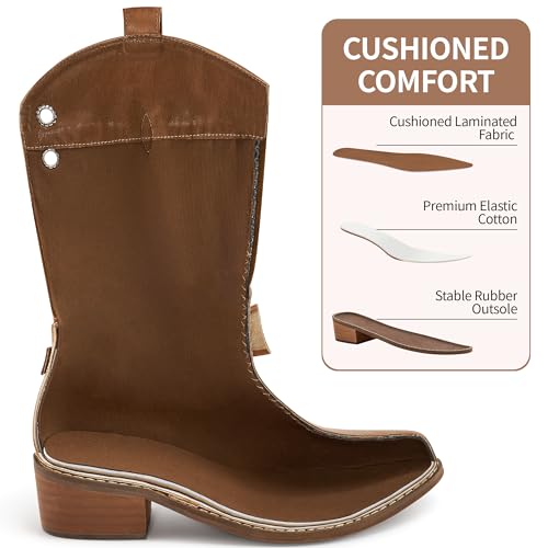 Image of Aomigoct Western Cowboy Boots for Women: Leather Mid Calf Fashion Chunky Cowgirl Boot Pointed Toe